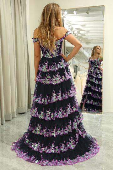 Princess A Line Off the Shoulder Black Pink Long Prom Dress with Appliques